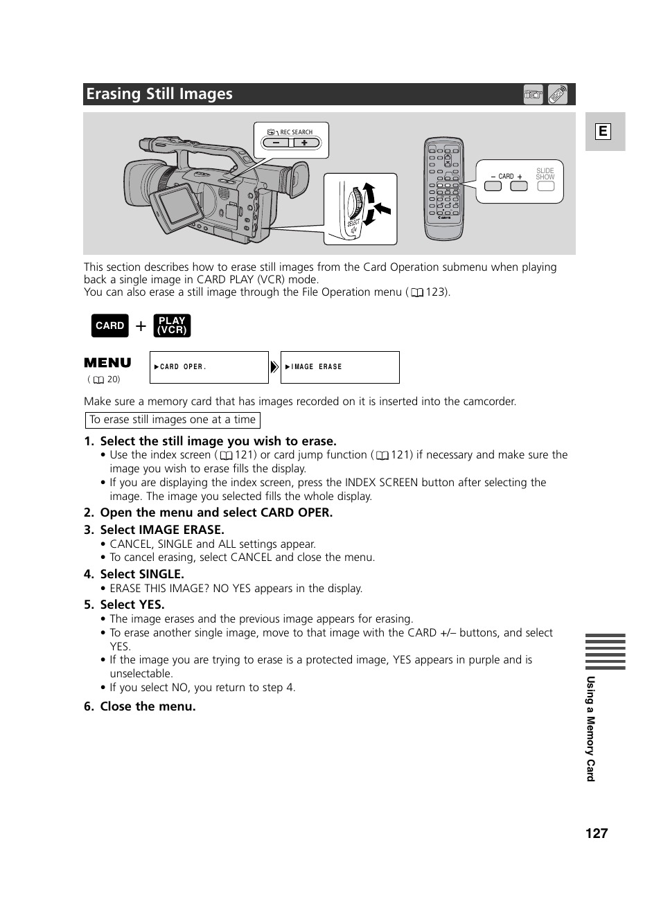 Erasing still images, 127 e | Canon GL2 User Manual | Page 127 / 163