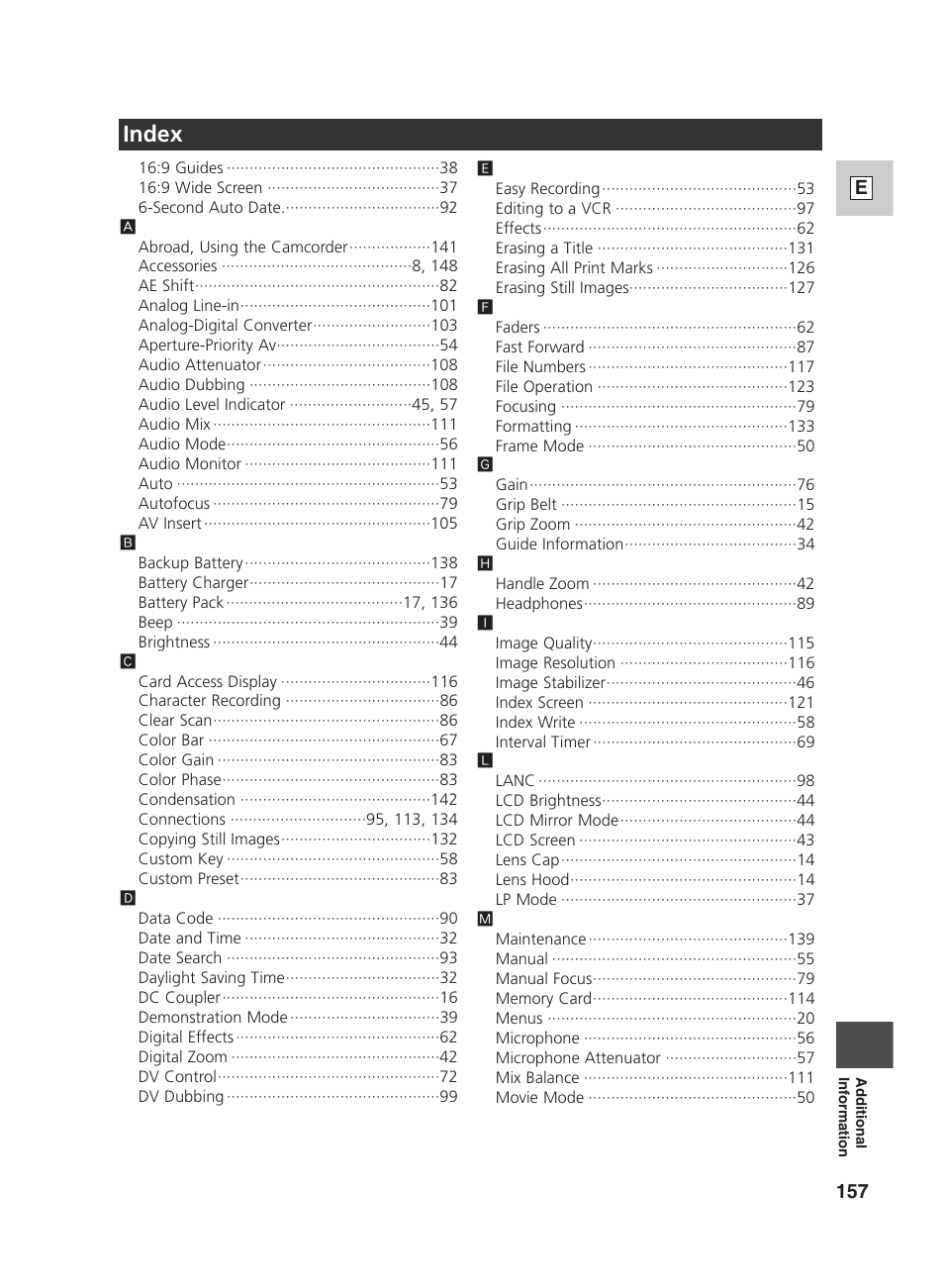 Index | Canon GL2 User Manual | Page 157 / 163