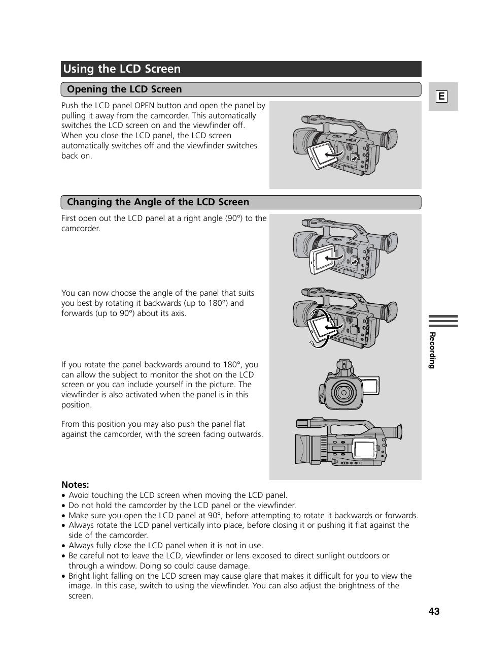 Using the lcd screen | Canon GL2 User Manual | Page 43 / 163