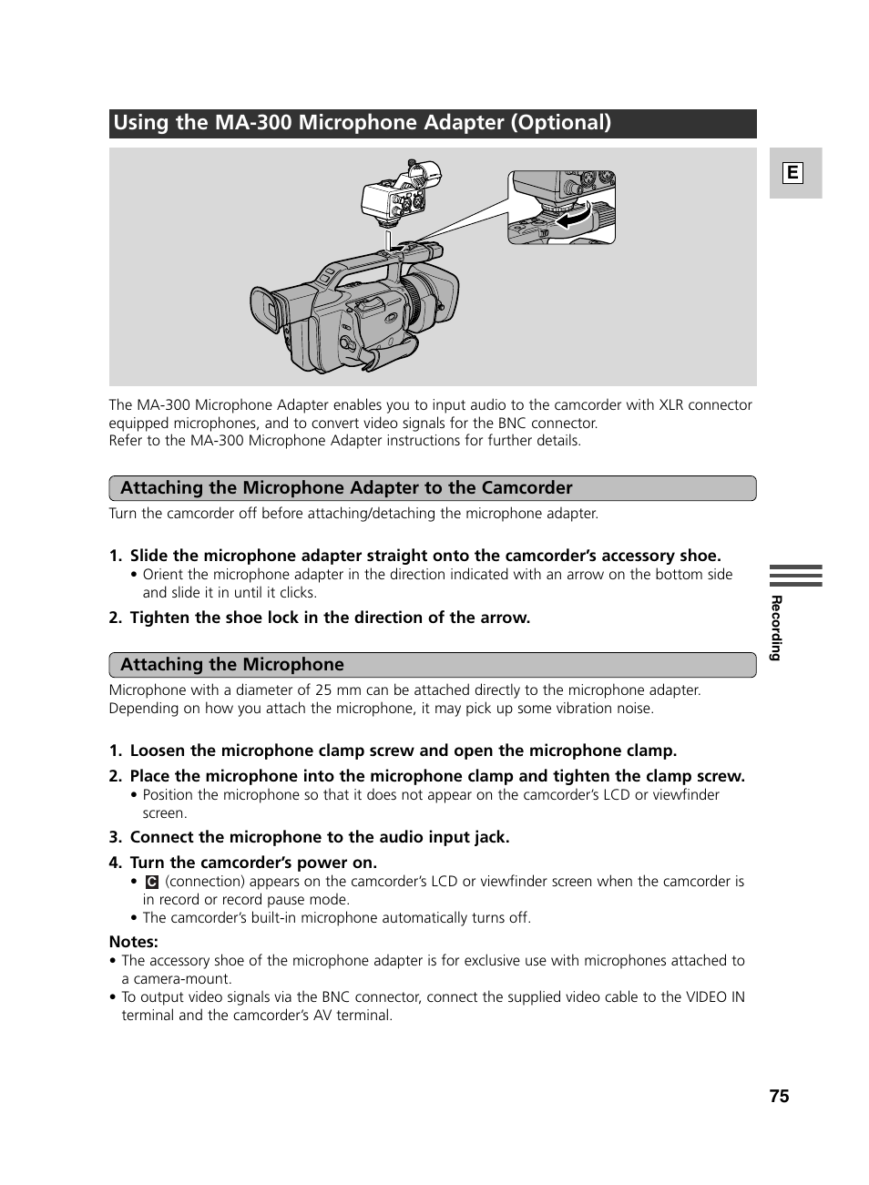 Using the ma-300 microphone adapter (optional) | Canon GL2 User Manual | Page 75 / 163