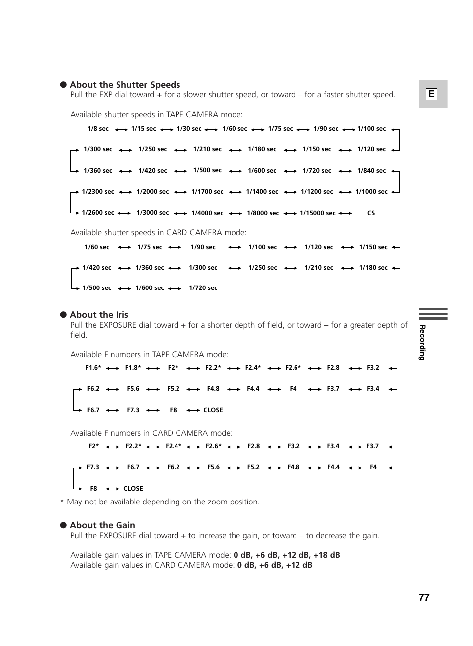 77 e, About the shutter speeds, About the iris | About the gain | Canon GL2 User Manual | Page 77 / 163