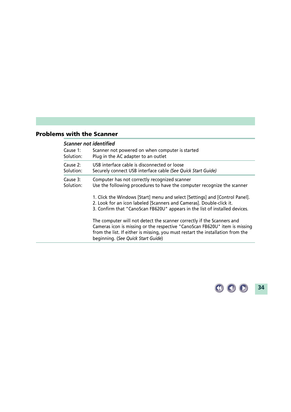Problems with the scanner | Canon CanoScan FB620U User Manual | Page 34 / 43