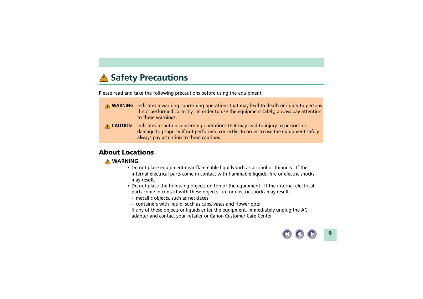Safety precautions, About locations | Canon CanoScan FB620U User Manual | Page 9 / 43