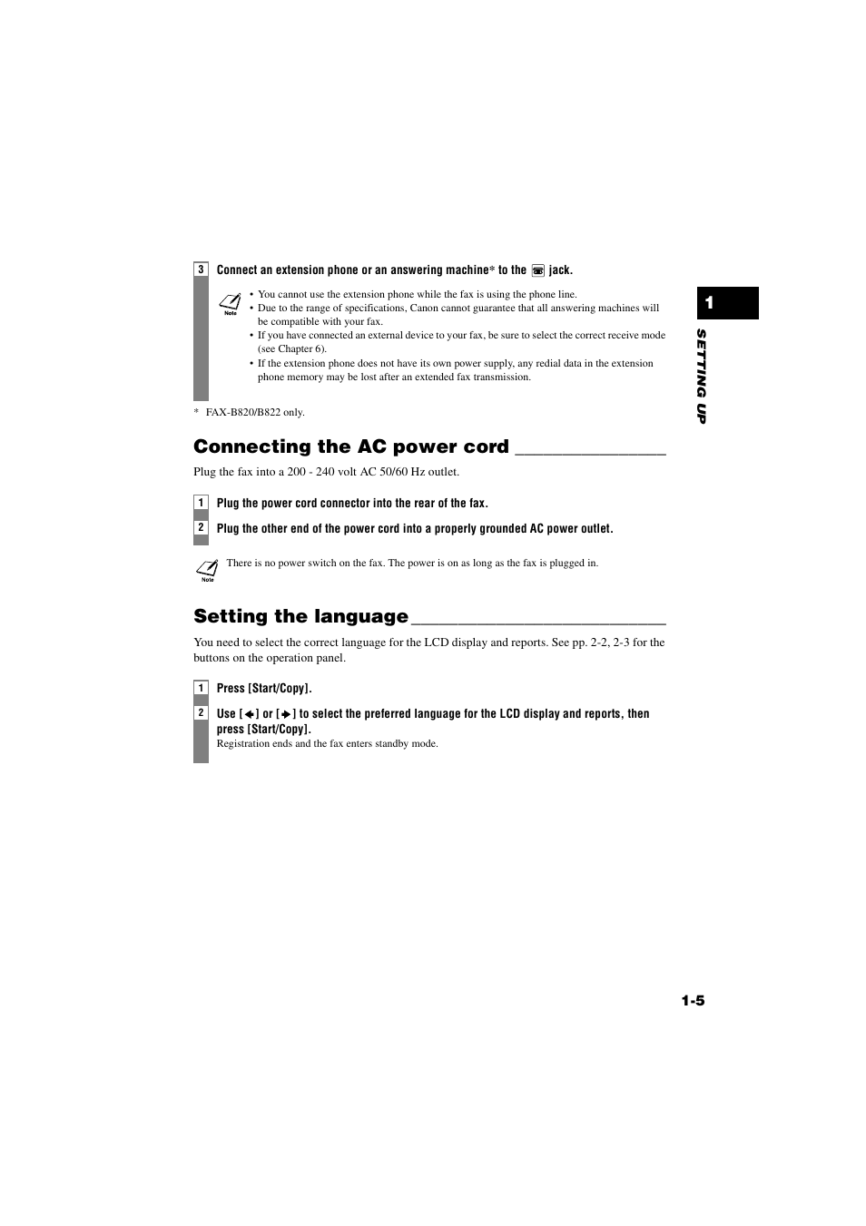 Connecting the ac power cord, Setting the language | Canon B820 User Manual | Page 13 / 110