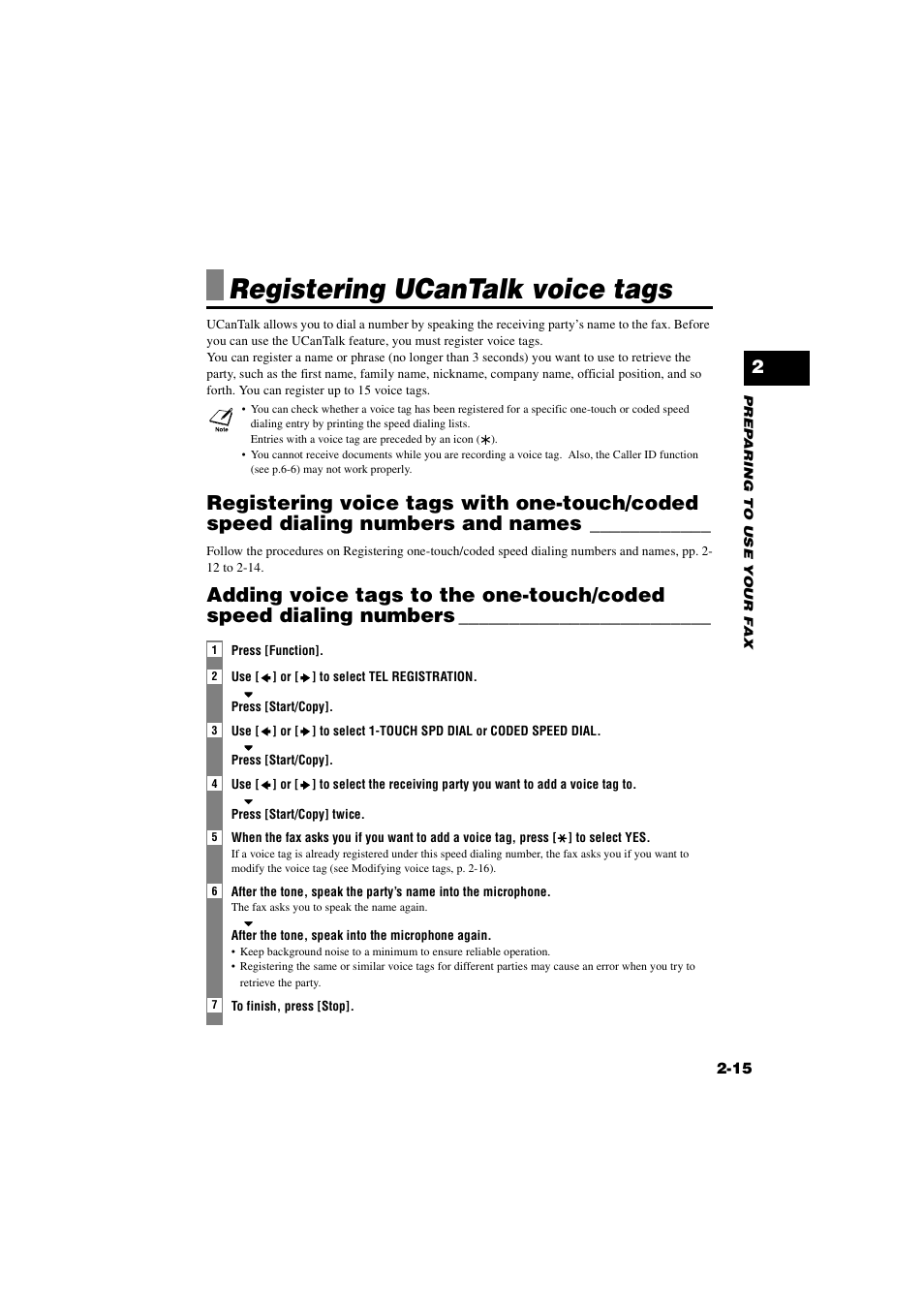 Registering ucantalk voice tags, Registering ucantalk, Voice tags -15 | Registering voice tags with one-touch/coded, Speed dialing numbers and names -15, Adding voice tags to the one-touch/coded speed, Dialing numbers -15 | Canon B820 User Manual | Page 33 / 110