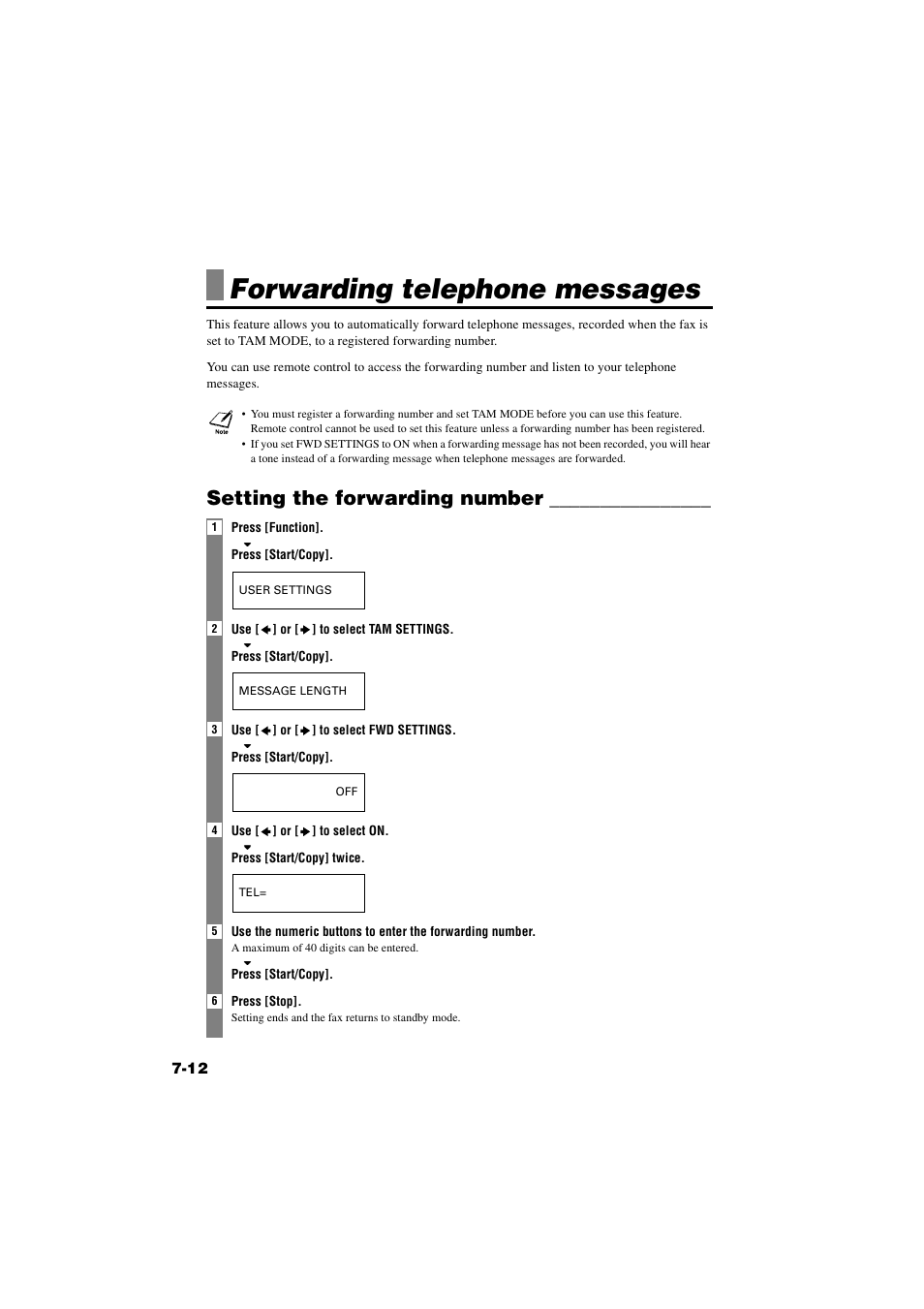 Forwarding telephone messages, Setting the forwarding number, Forwarding telephone messages -12 | Setting the forwarding number -12 | Canon B820 User Manual | Page 74 / 110