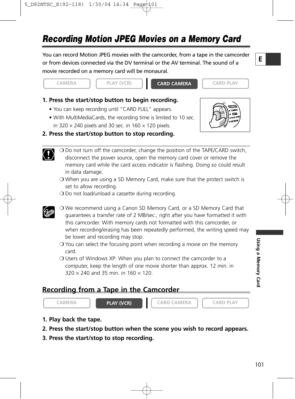 Recording from a tape in the camcorder | Canon Elura 65 User Manual | Page 101 / 162