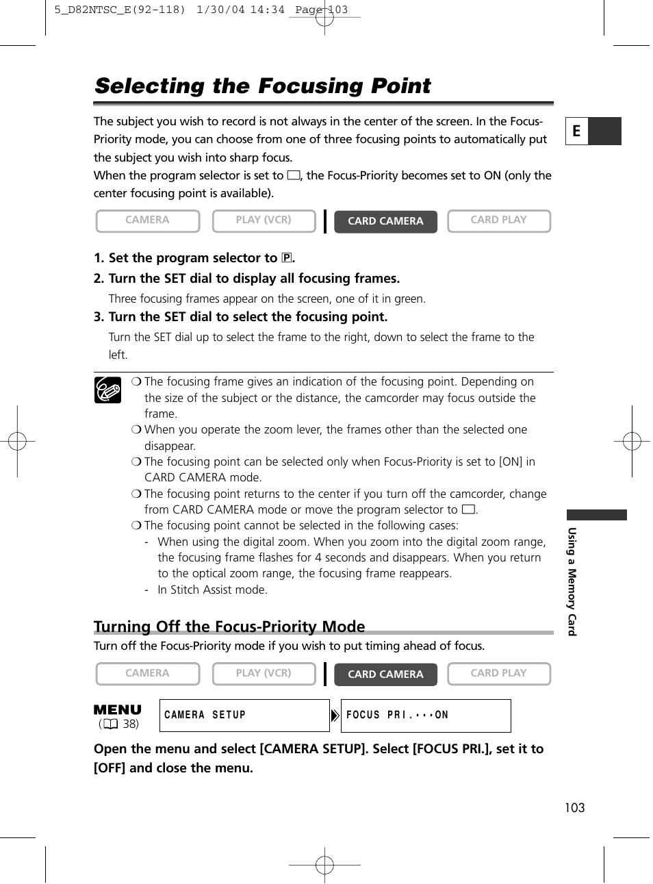 Selecting the focusing point, Turning off the focus-priority mode | Canon Elura 65 User Manual | Page 103 / 162
