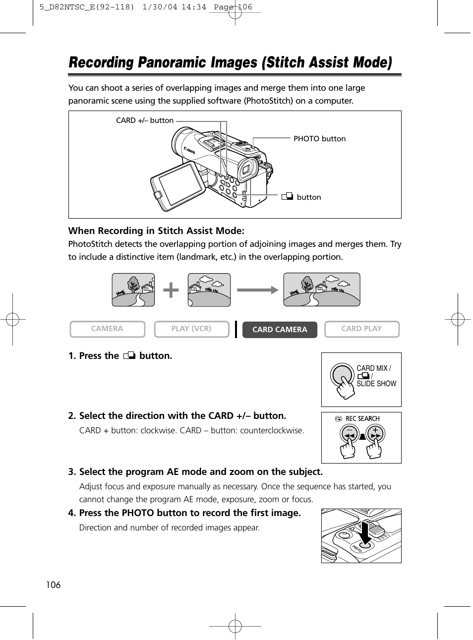 Recording panoramic images (stitch assist mode) | Canon Elura 65 User Manual | Page 106 / 162