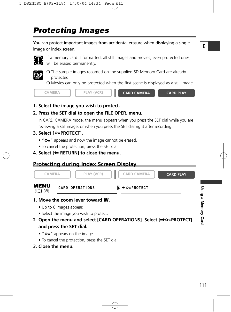 Protecting images, Protecting during index screen display | Canon Elura 65 User Manual | Page 111 / 162