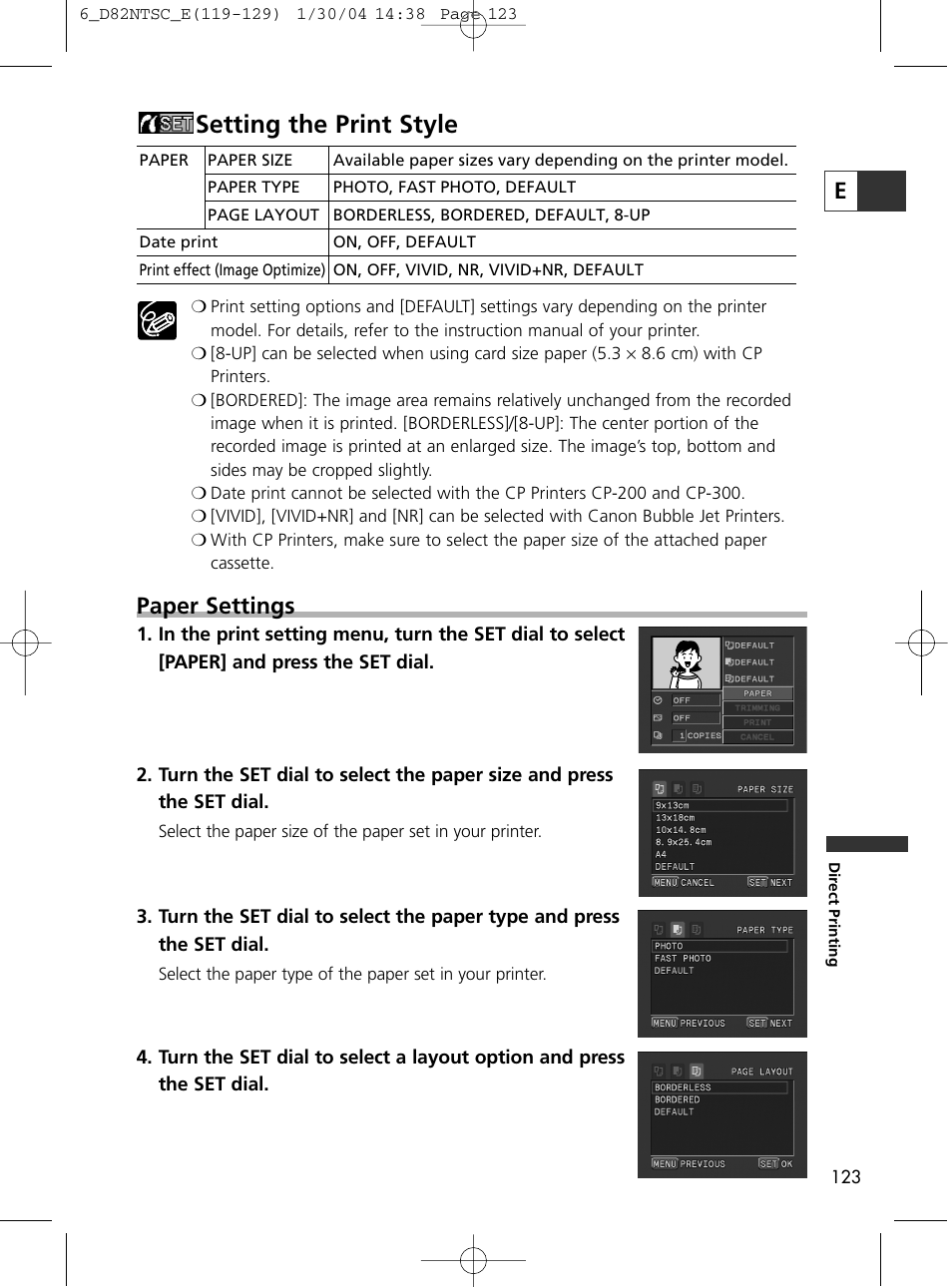 Setting the print style, Paper settings | Canon Elura 65 User Manual | Page 123 / 162