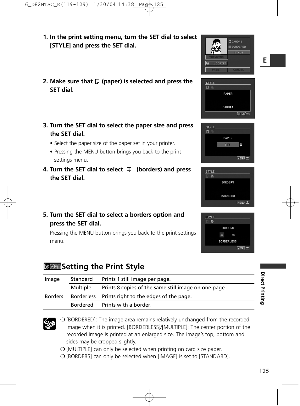 Setting the print style | Canon Elura 65 User Manual | Page 125 / 162