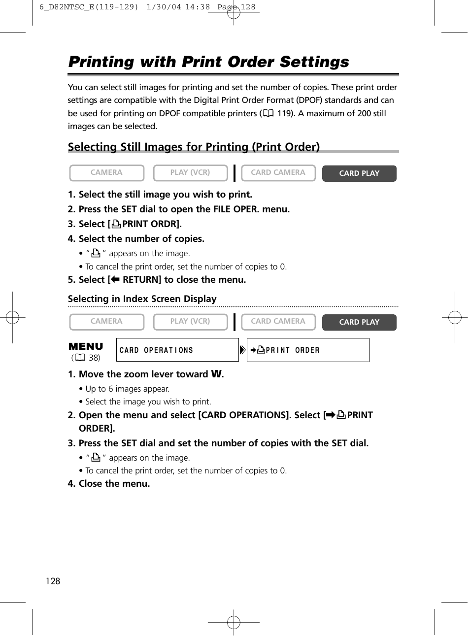 Printing with print order settings, Selecting still images for printing (print order) | Canon Elura 65 User Manual | Page 128 / 162