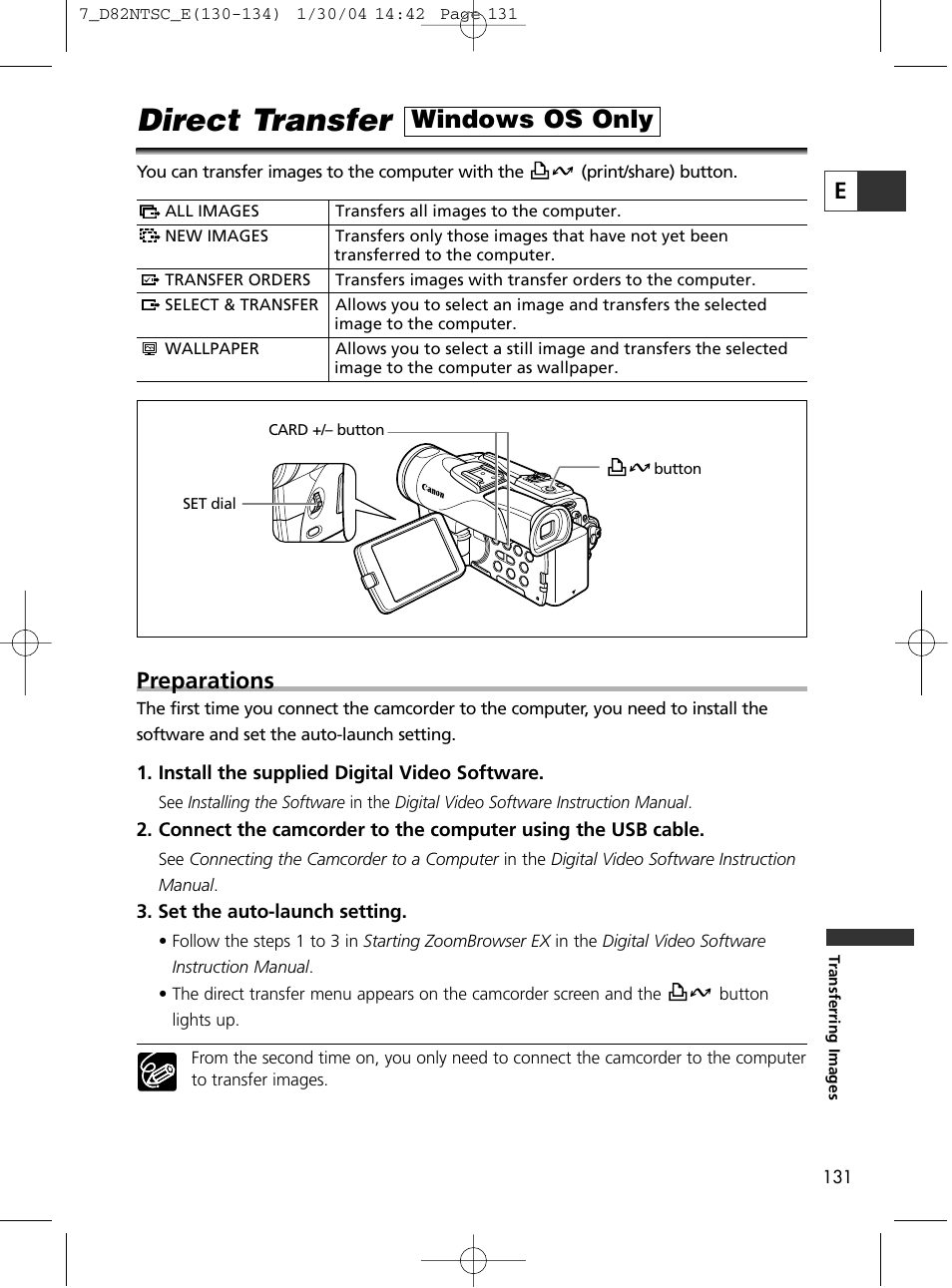 Direct transfer, Windows os only, Preparations | Canon Elura 65 User Manual | Page 131 / 162