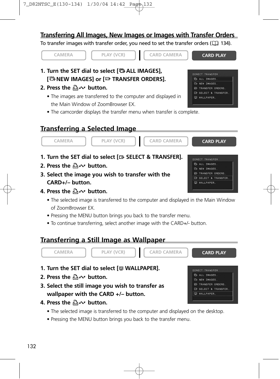 Transferring a selected image, Transferring a still image as wallpaper | Canon Elura 65 User Manual | Page 132 / 162