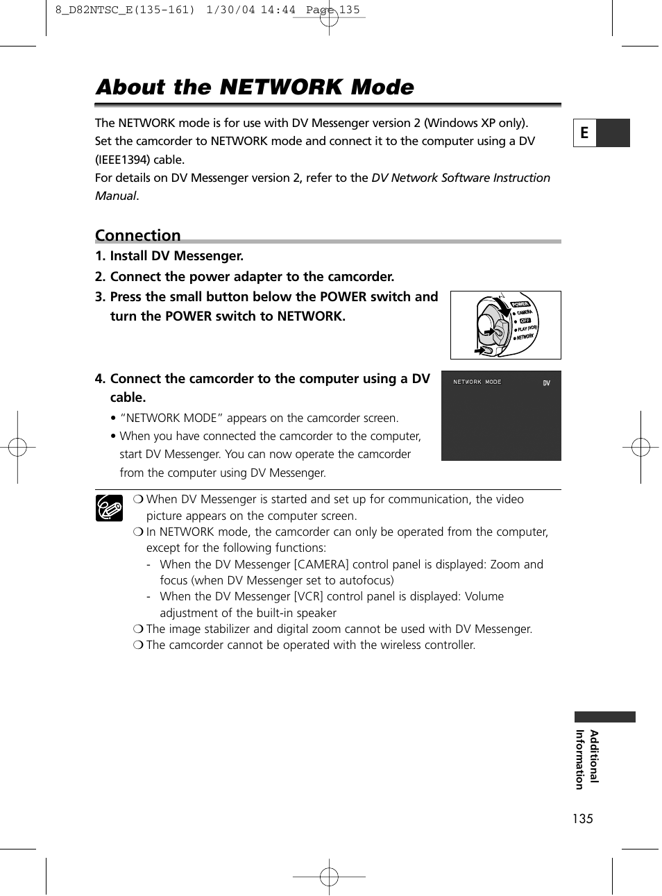 About the network mode, Connection | Canon Elura 65 User Manual | Page 135 / 162