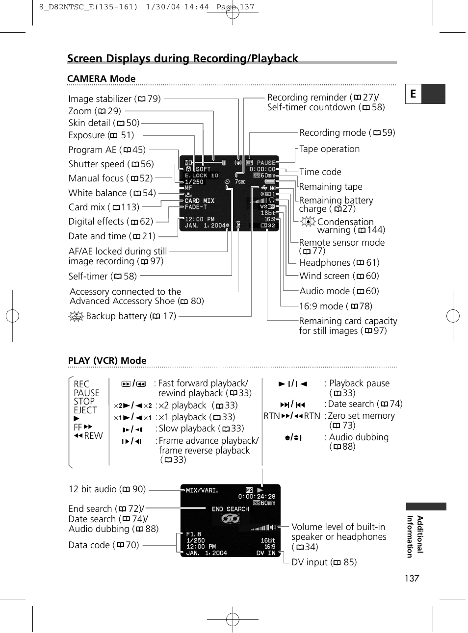 Screen displays during recording/playback | Canon Elura 65 User Manual | Page 137 / 162