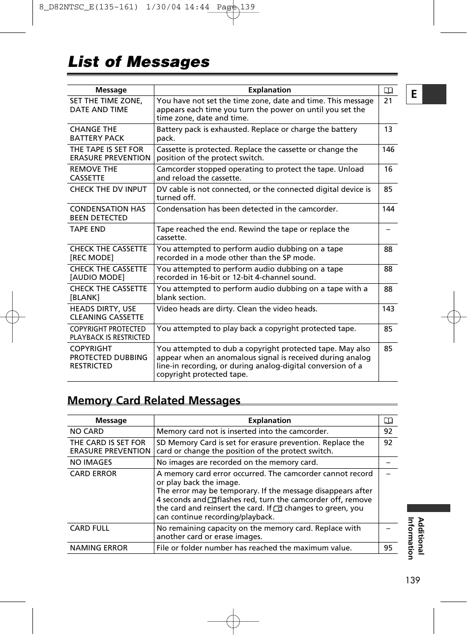 List of messages | Canon Elura 65 User Manual | Page 139 / 162