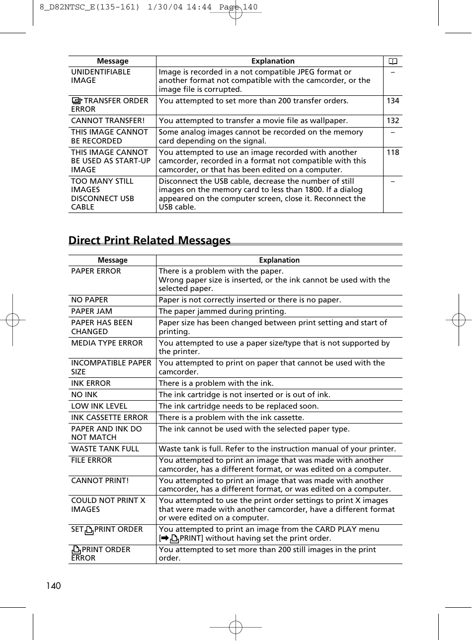 Direct print related messages | Canon Elura 65 User Manual | Page 140 / 162