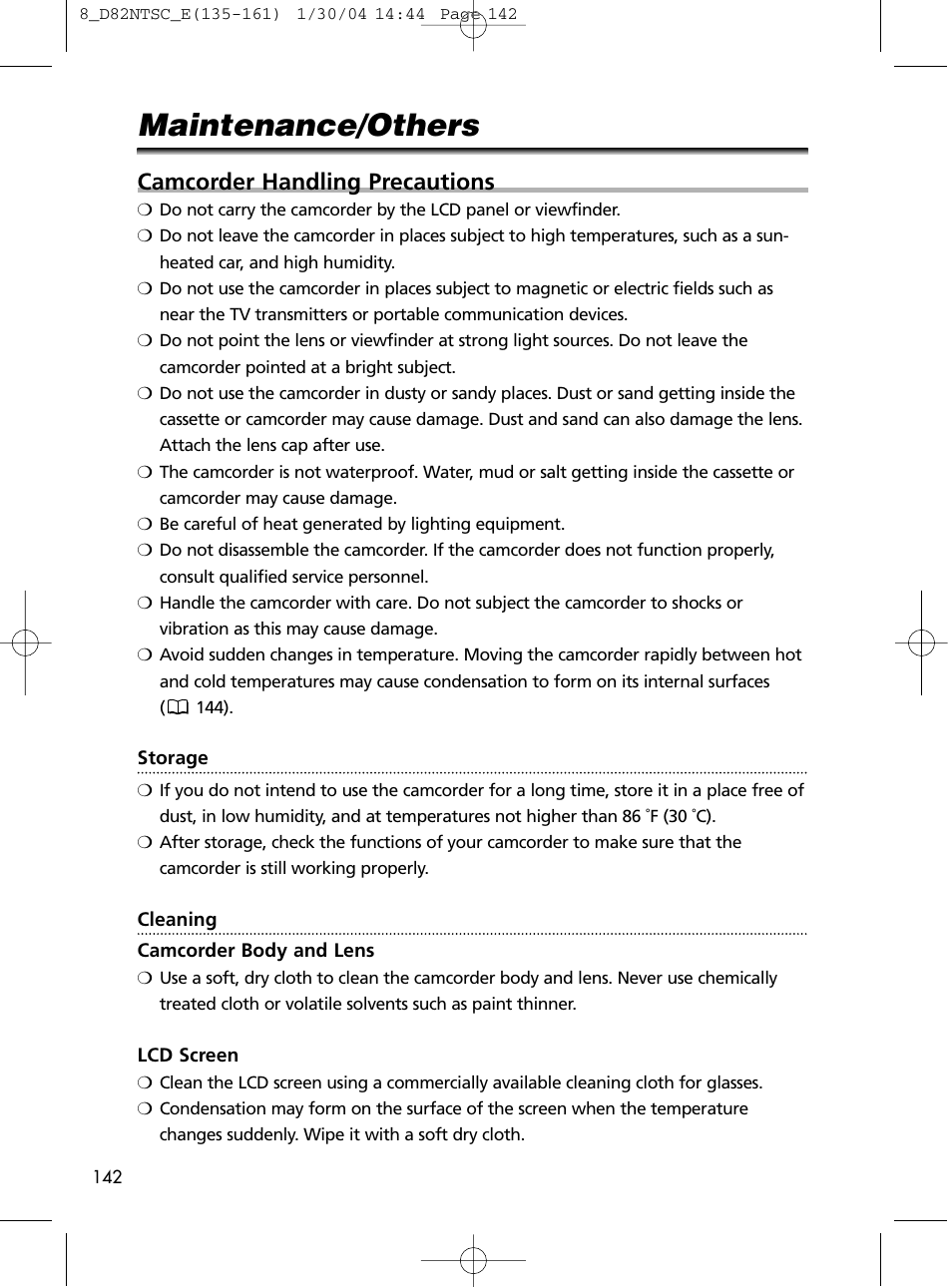Maintenance/others, Camcorder handling precautions | Canon Elura 65 User Manual | Page 142 / 162