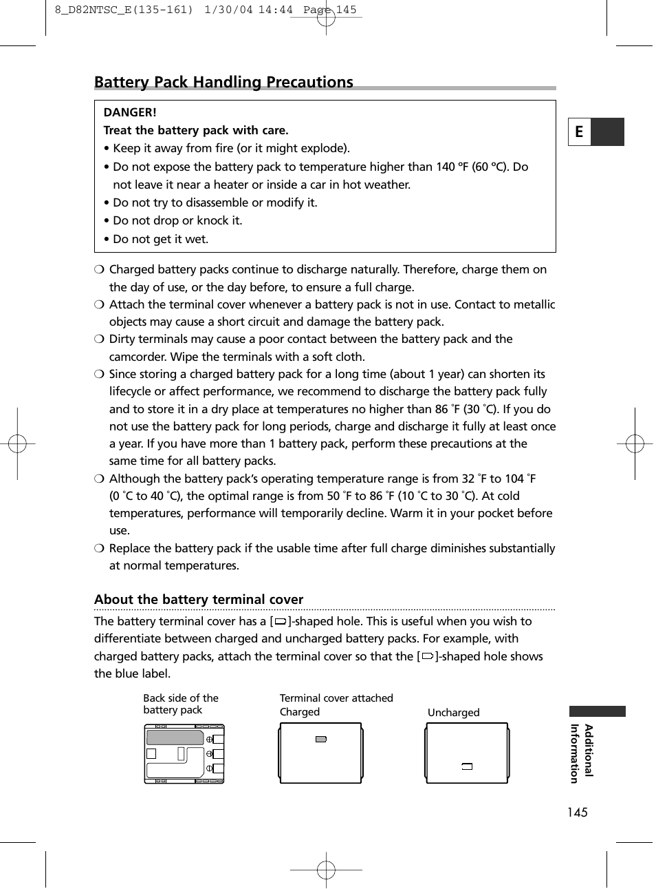 Ebattery pack handling precautions | Canon Elura 65 User Manual | Page 145 / 162