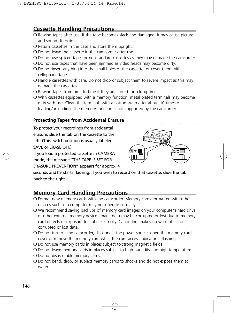 Cassette handling precautions | Canon Elura 65 User Manual | Page 146 / 162