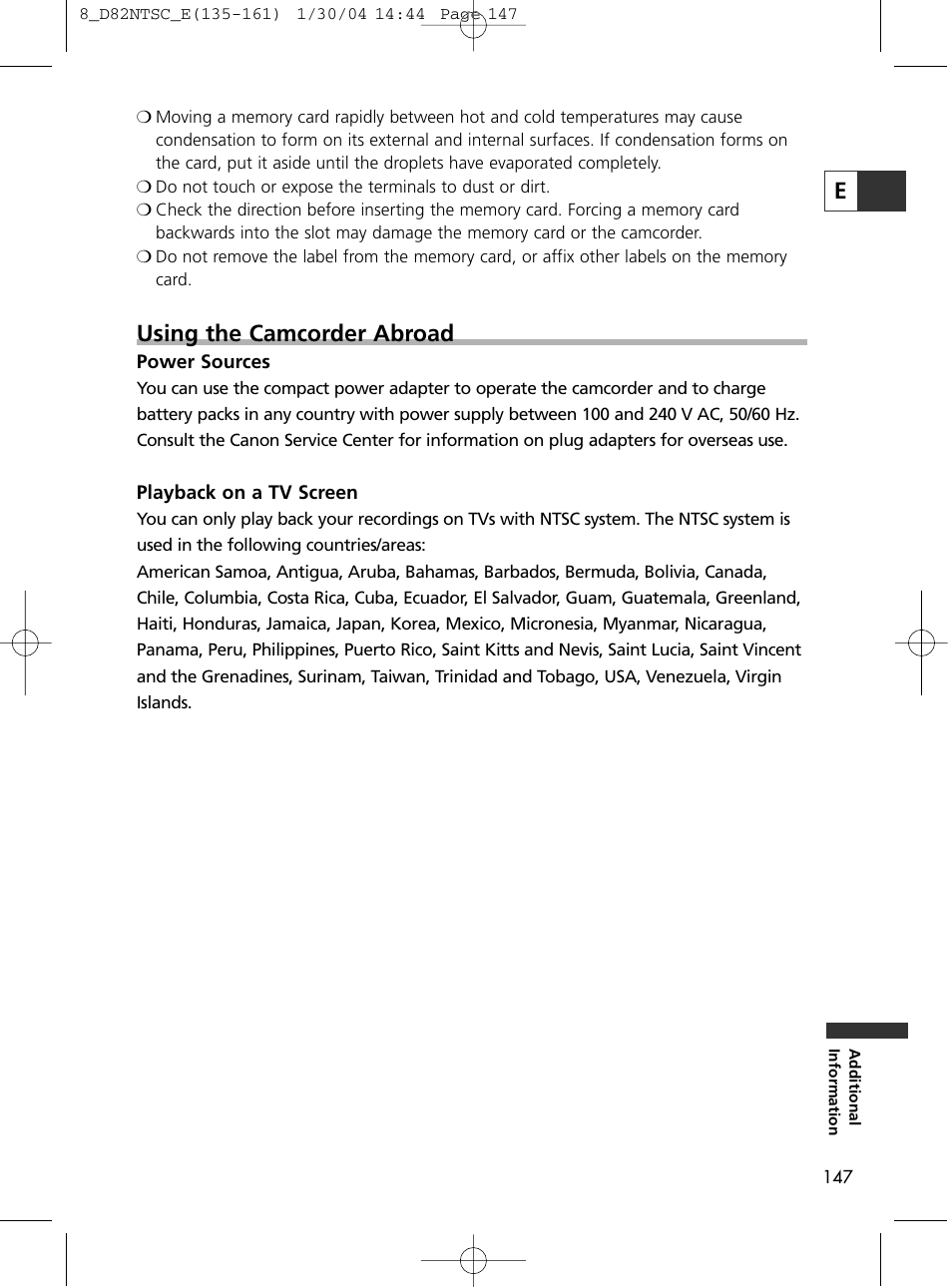 Using the camcorder abroad | Canon Elura 65 User Manual | Page 147 / 162
