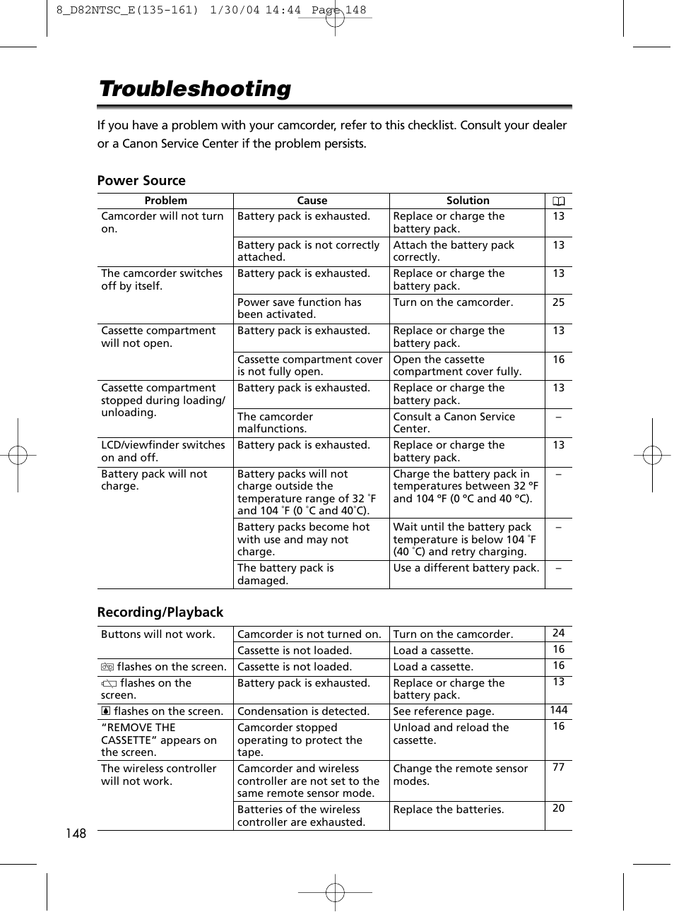 Troubleshooting, Power source recording/playback | Canon Elura 65 User Manual | Page 148 / 162