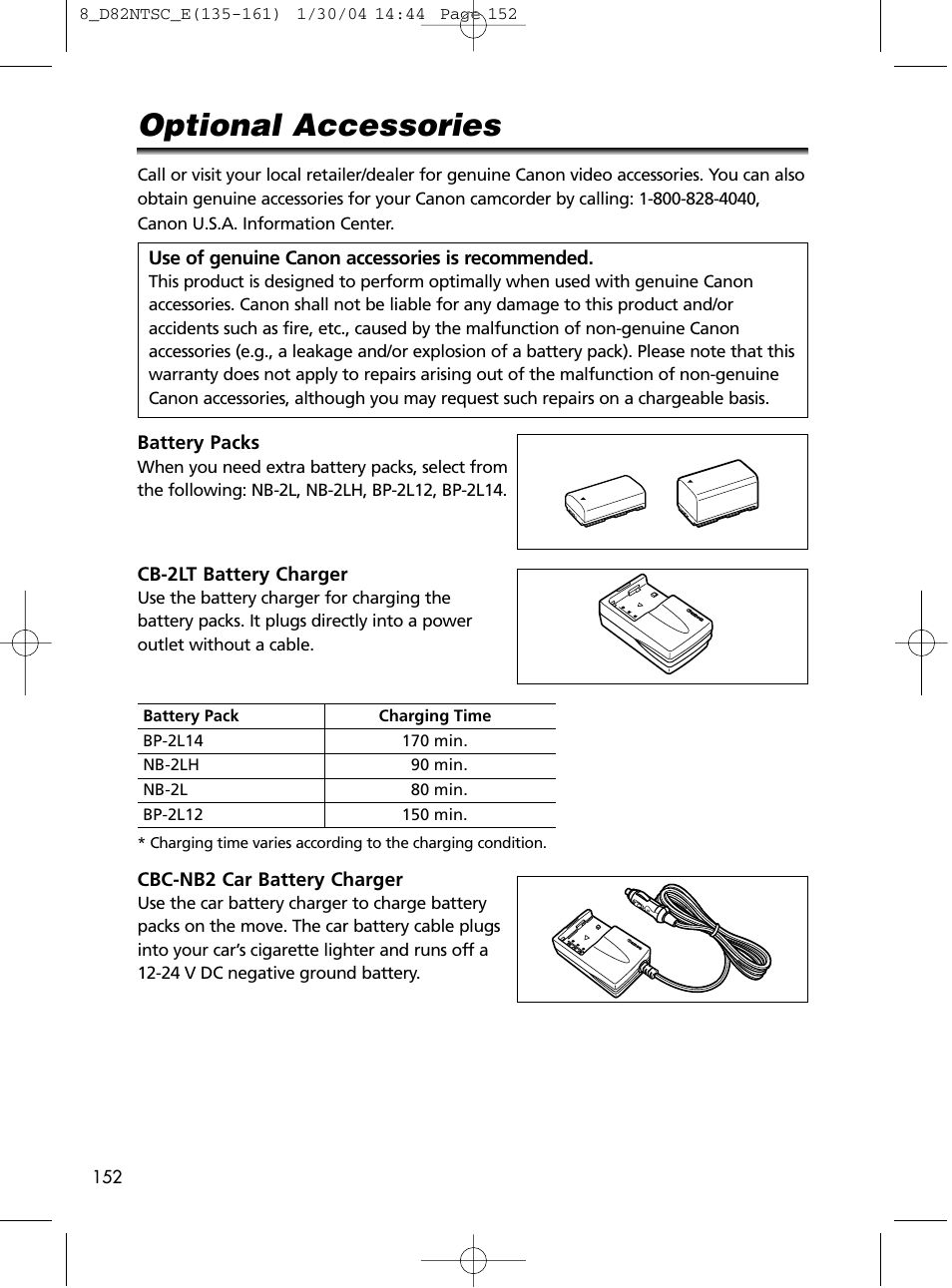 Optional accessories | Canon Elura 65 User Manual | Page 152 / 162