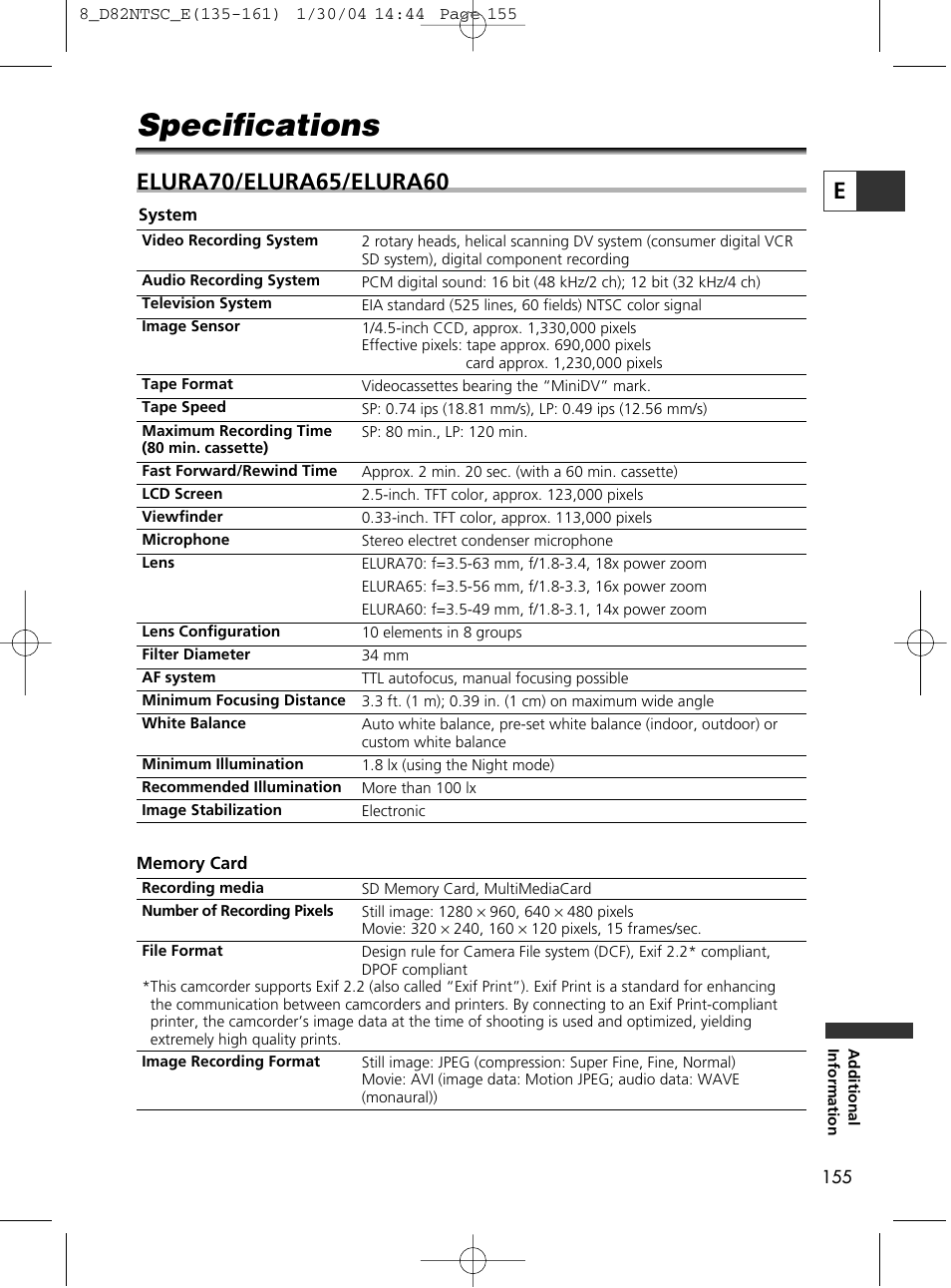 Specifications | Canon Elura 65 User Manual | Page 155 / 162