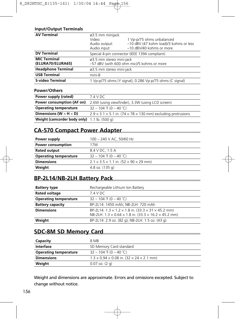 Ca-570 compact power adapter, Bp-2l14/nb-2lh battery pack | Canon Elura 65 User Manual | Page 156 / 162