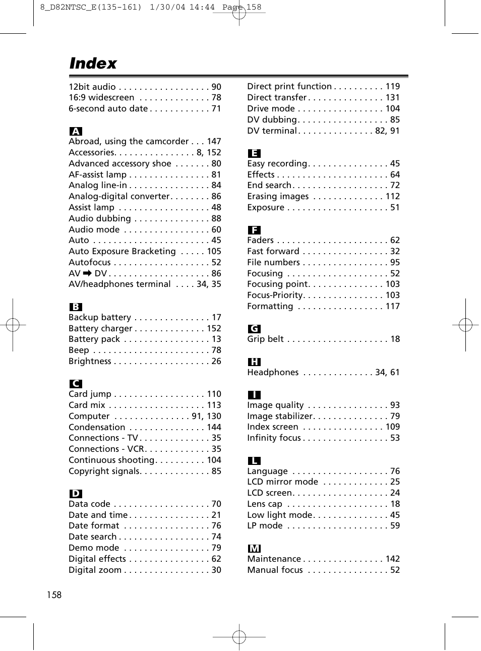 Index | Canon Elura 65 User Manual | Page 158 / 162