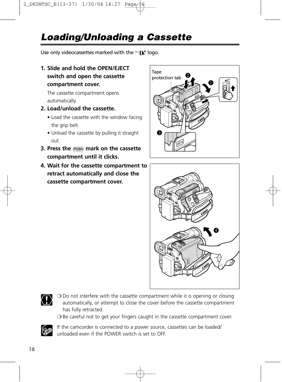 Loading/unloading a cassette | Canon Elura 65 User Manual | Page 16 / 162