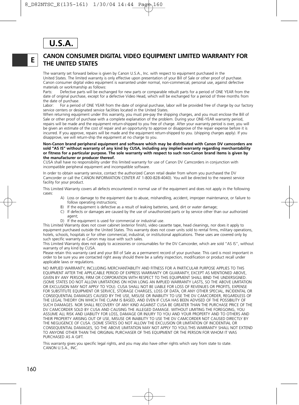 U.s.a | Canon Elura 65 User Manual | Page 160 / 162