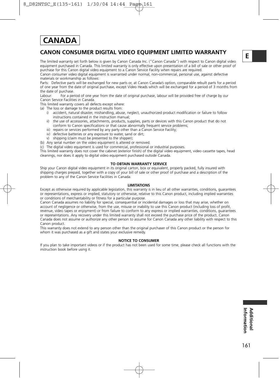 Canada | Canon Elura 65 User Manual | Page 161 / 162
