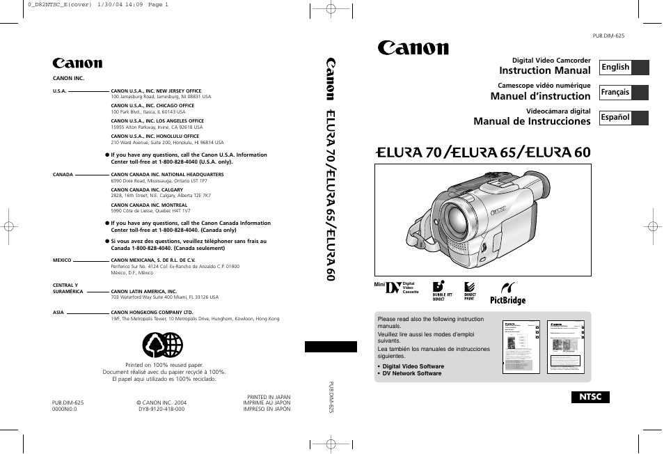 Instruction manual, Manuel d’instruction, Manual de instrucciones | English français español ntsc, Digital video camcorder, Camescope vidéo numérique, Videocámara digital, Canon inc | Canon Elura 65 User Manual | Page 162 / 162