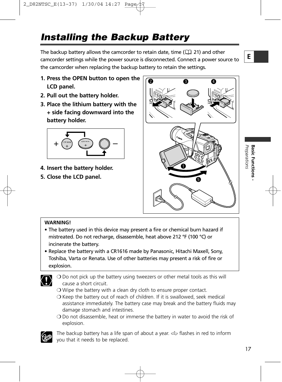 Installing the backup battery | Canon Elura 65 User Manual | Page 17 / 162