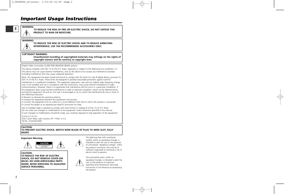 Important usage instructions | Canon Elura 65 User Manual | Page 2 / 162