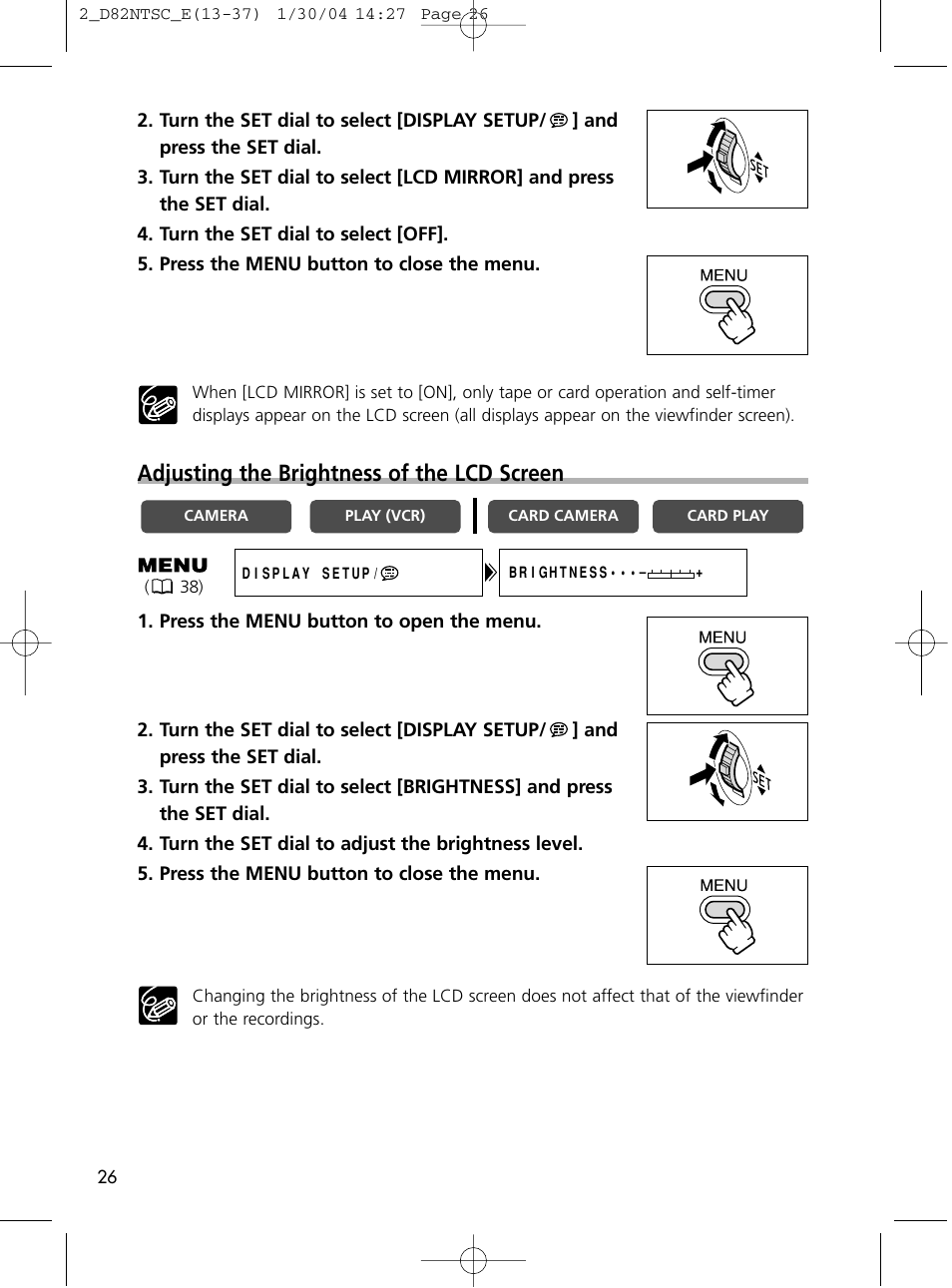Adjusting the brightness of the lcd screen | Canon Elura 65 User Manual | Page 26 / 162