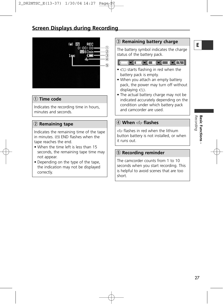 Escreen displays during recording | Canon Elura 65 User Manual | Page 27 / 162