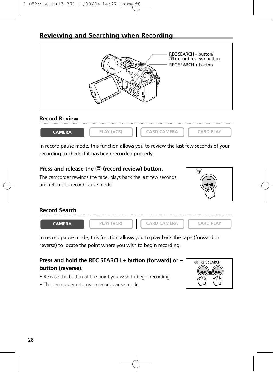 Reviewing and searching when recording | Canon Elura 65 User Manual | Page 28 / 162