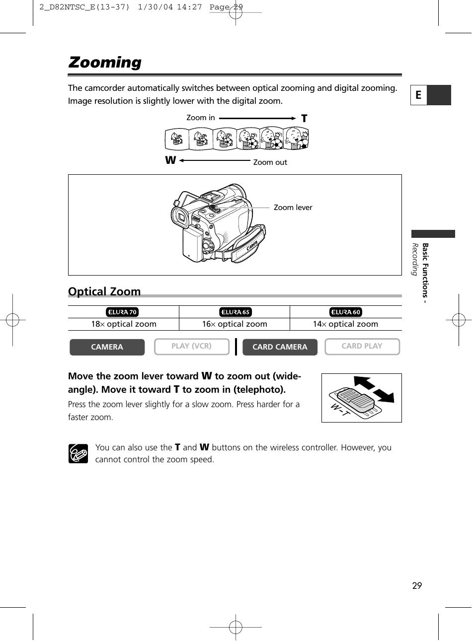 Zooming, Optical zoom | Canon Elura 65 User Manual | Page 29 / 162