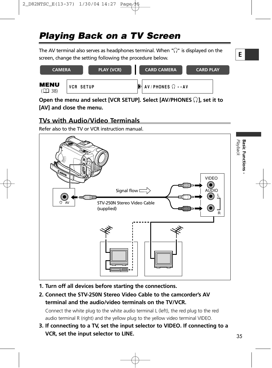 Playing back on a tv screen, Tvs with audio/video terminals | Canon Elura 65 User Manual | Page 35 / 162