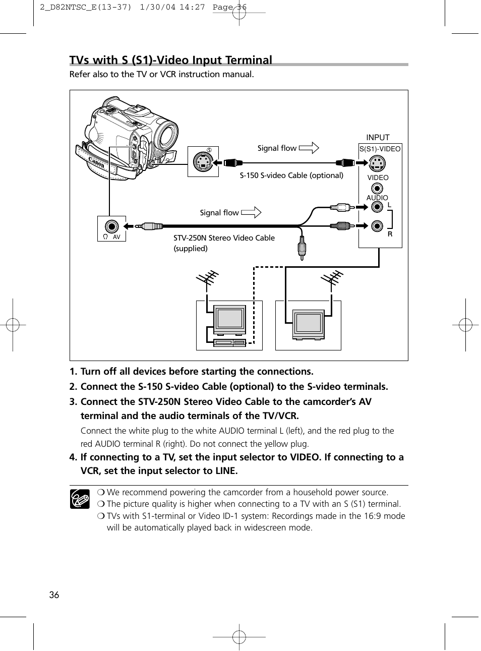 Tvs with s (s1)-video input terminal | Canon Elura 65 User Manual | Page 36 / 162