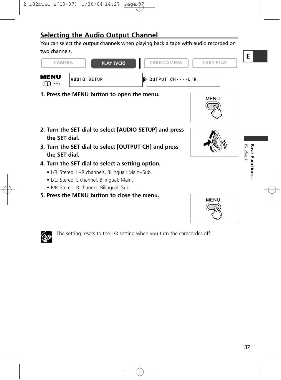 Eselecting the audio output channel | Canon Elura 65 User Manual | Page 37 / 162