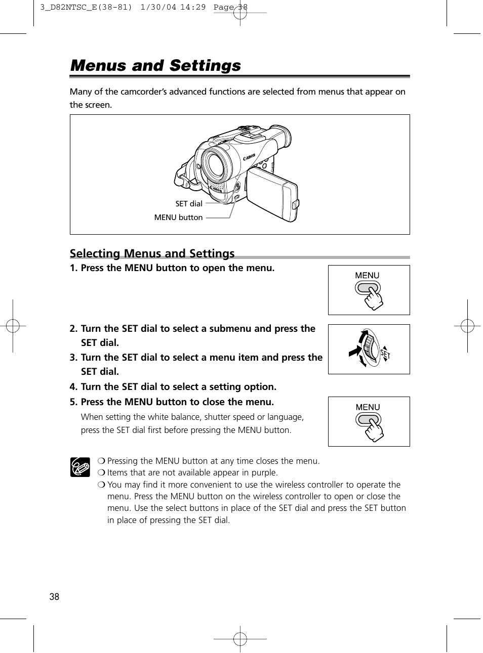 Menus and settings, Selecting menus and settings | Canon Elura 65 User Manual | Page 38 / 162