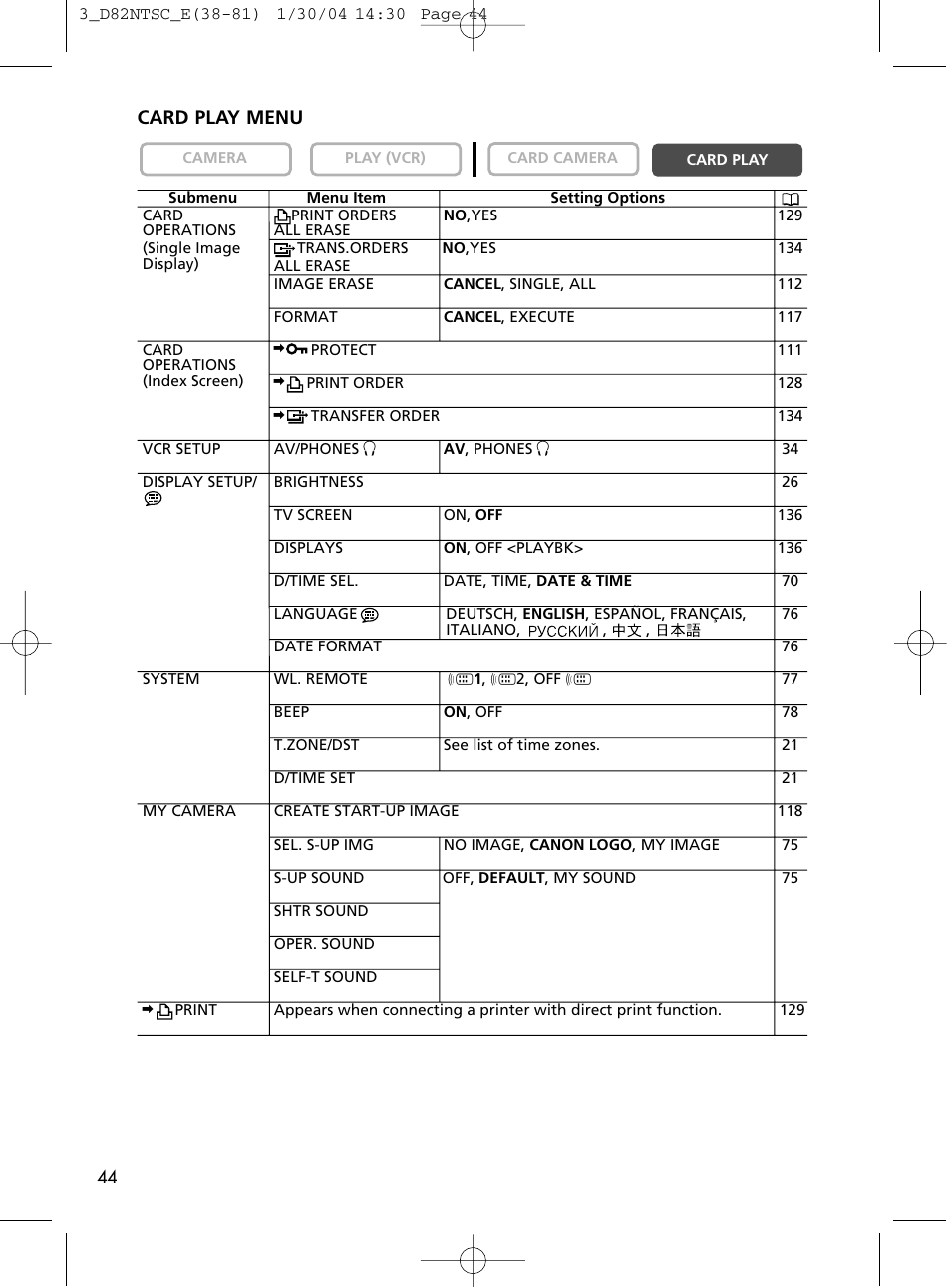 Card play menu | Canon Elura 65 User Manual | Page 44 / 162