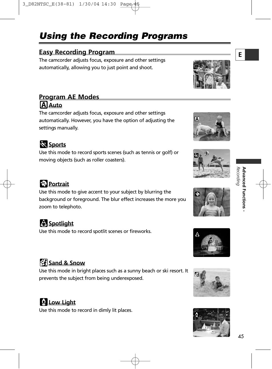 Using the recording programs, Easy recording program, Program ae modes | Canon Elura 65 User Manual | Page 45 / 162