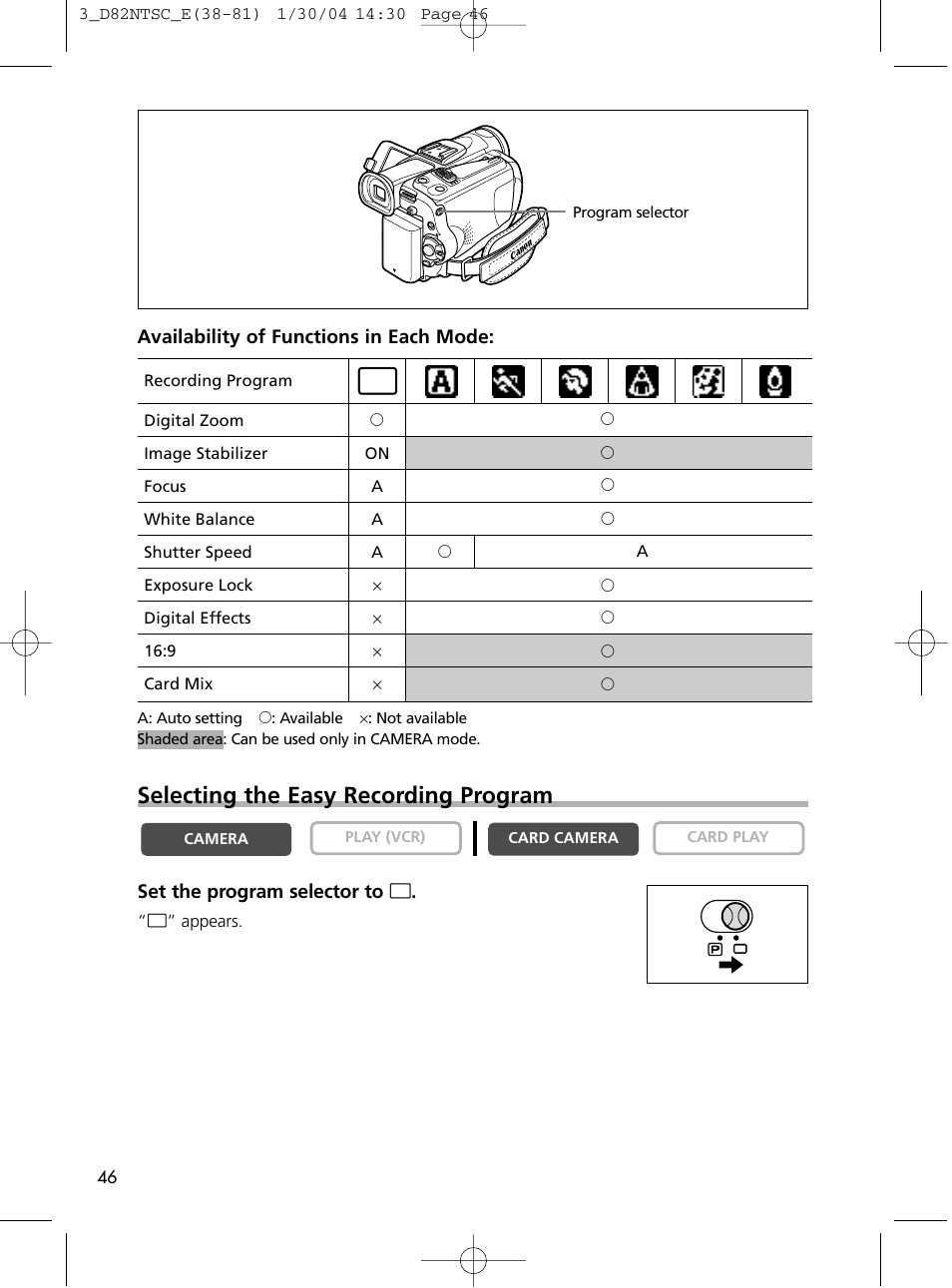 Selecting the easy recording program | Canon Elura 65 User Manual | Page 46 / 162