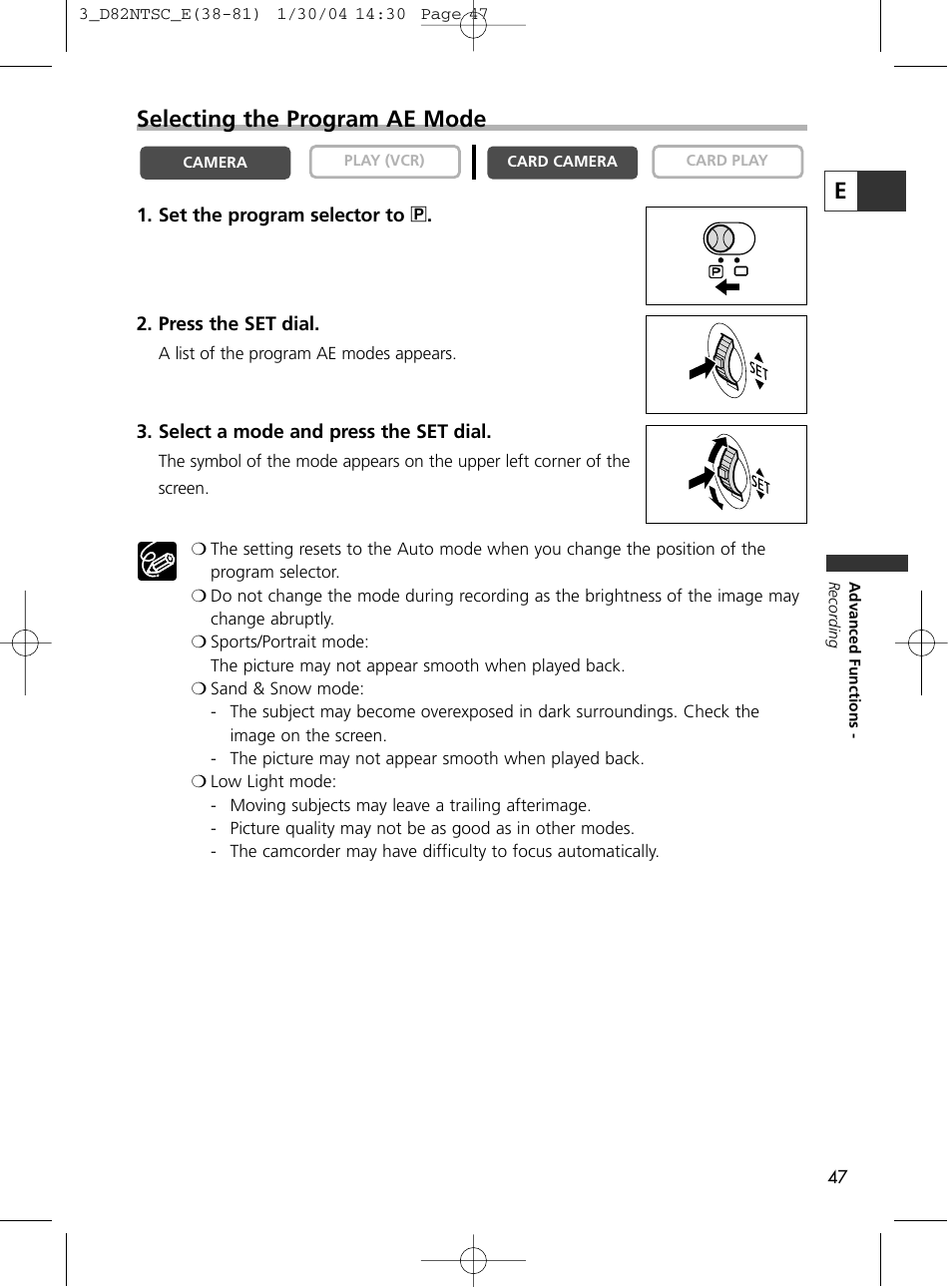 Eselecting the program ae mode | Canon Elura 65 User Manual | Page 47 / 162